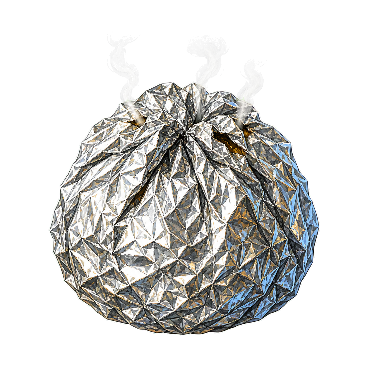 A closed steaming ball of crinkled foil